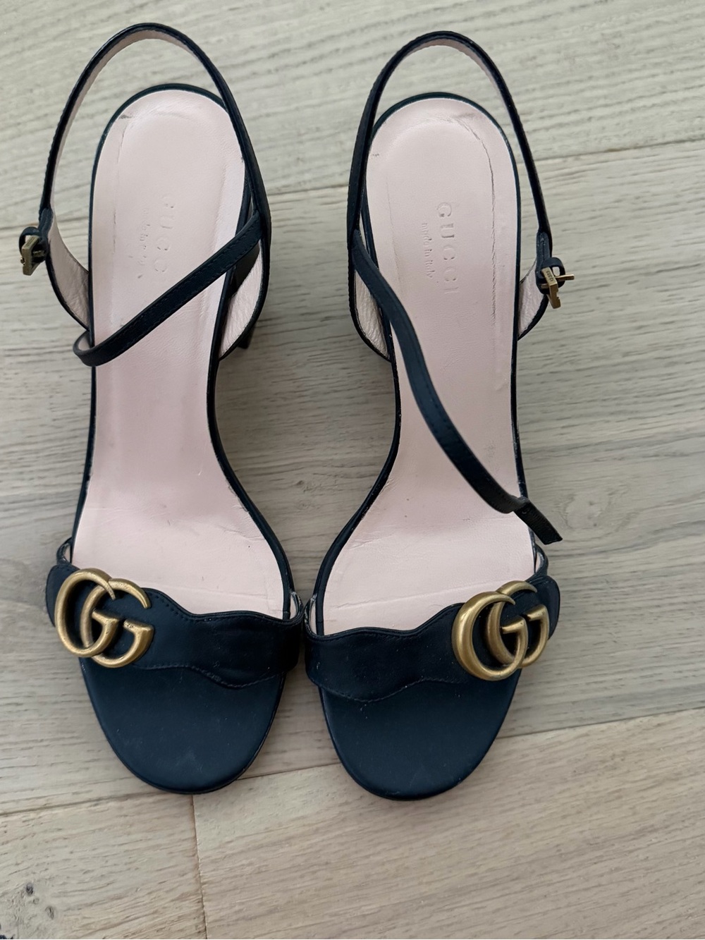 Gucci Black GG Marmont ankle strap sandals